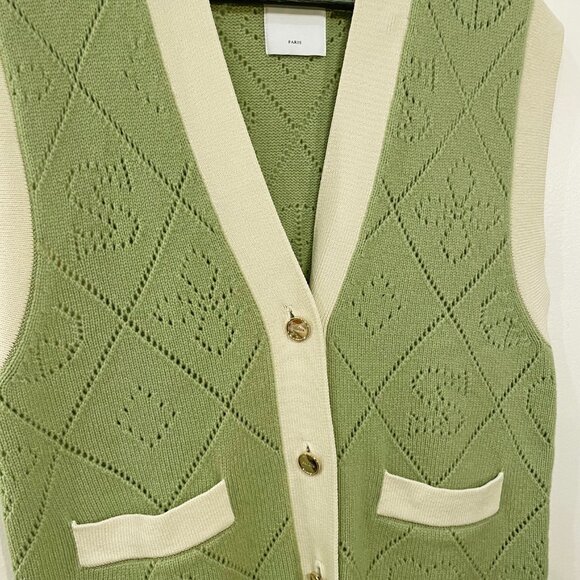New Sandro Espoir 100% Wool Perforated Logo Sweater Vest Green Ecru Small $340 - Picture 5 of 9